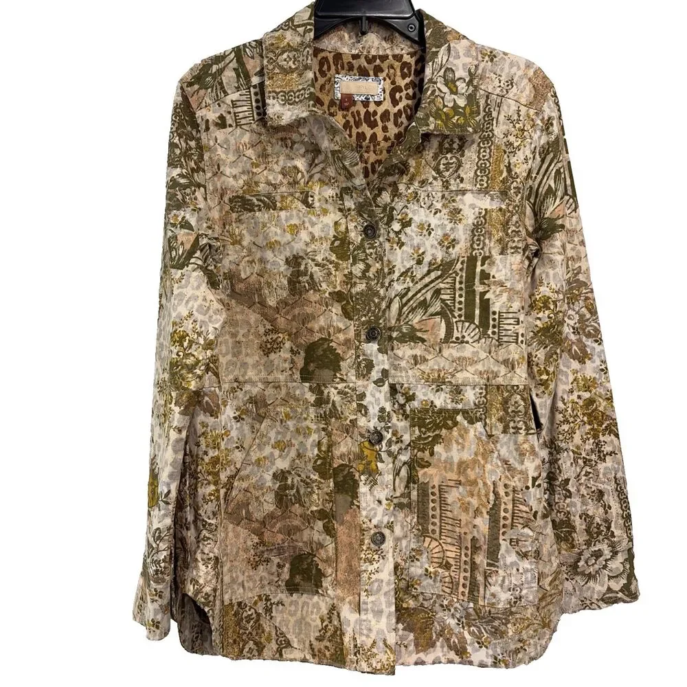 Pilcro Anthropologie The Fielder Mixed Media Distressed Patchwork Shacket Sz S